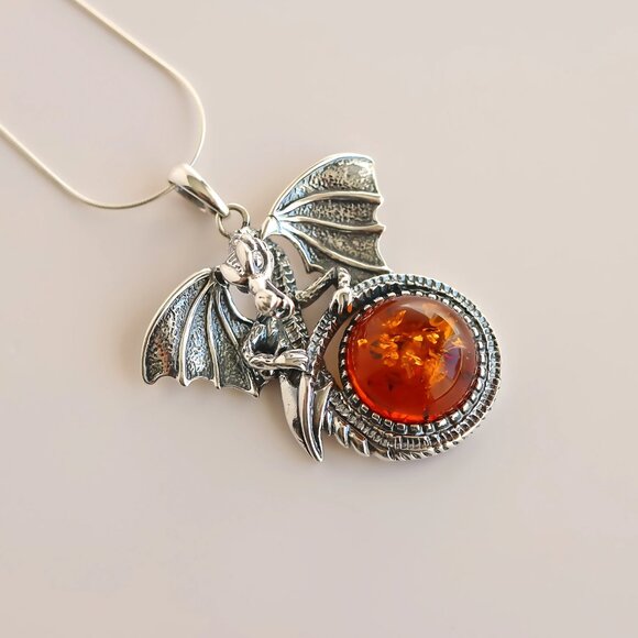 Silver Dragon Pendant Necklace - Baltic Amber and Sterling Silver - Picture 1 of 10